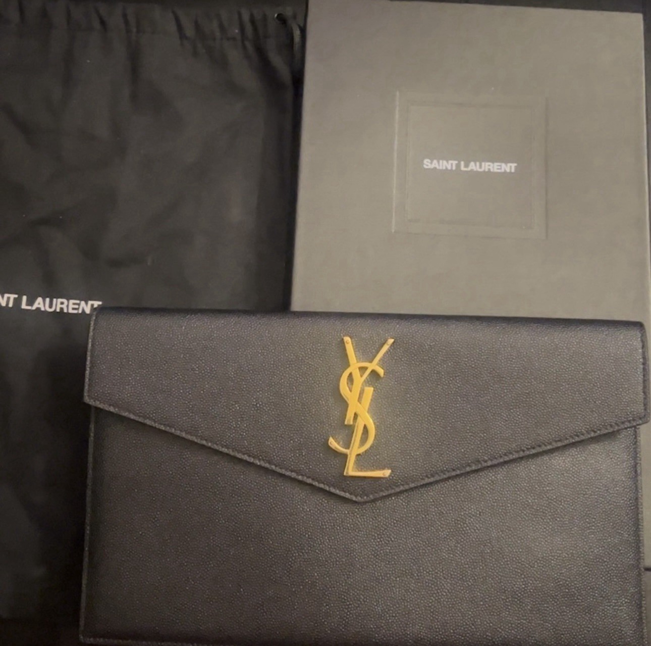 YSL Black and Gold Grain de Poudre Leather Pouch