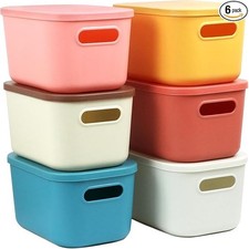 6Pcs Small Storage Bins with Lids, Stackable Plastic Organizer Bin Storage Co...