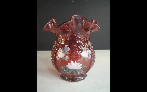 Vintage Hand Painted Fenton Art Glass Ruby Red Rose Vase