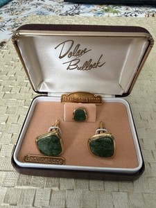 New Vintage 1960s Dolan Bullock 14k Gold Fill Jade Cufflinks & Tie Tack Set