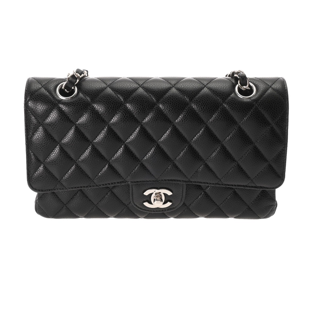 Chanel Matelasse W Flap Chain Shoulder Bag 25 Black Caviar A01112