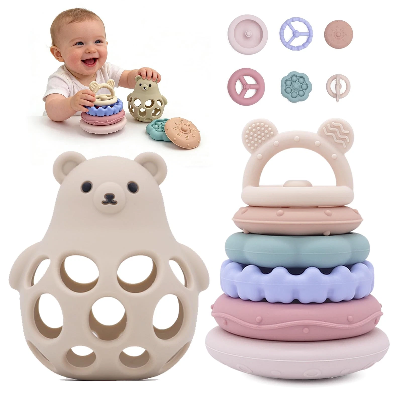 Baby Bear Teething & Stacking Toy Set - Teething Toys Silicone Teethers, Soft...
