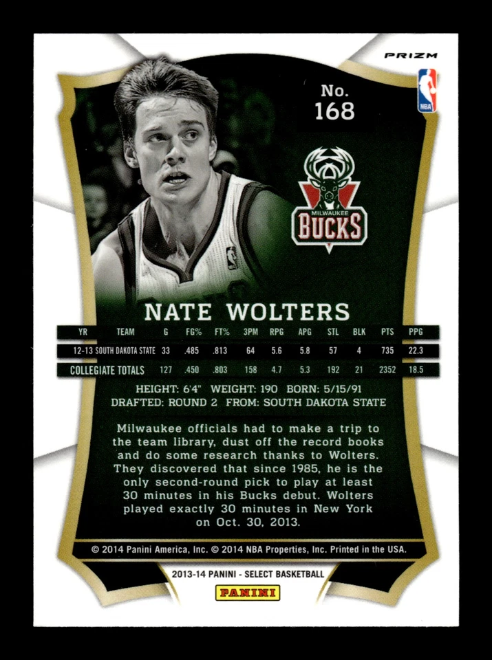 2013-14 Panini Select Silver Prizm #168 Nate Wolters - Milwaukee Bucks RC - Image 2 of 2