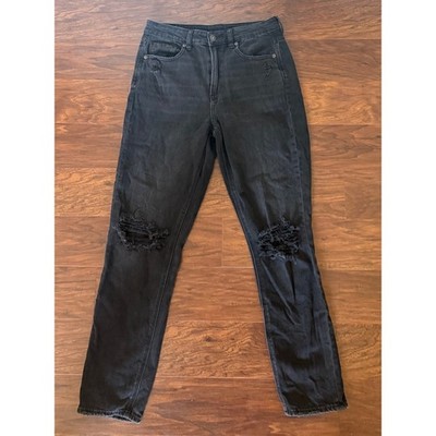 American Eagle   Mom Jeans Black Distressed High Waisted Stretch Denim 6 Long