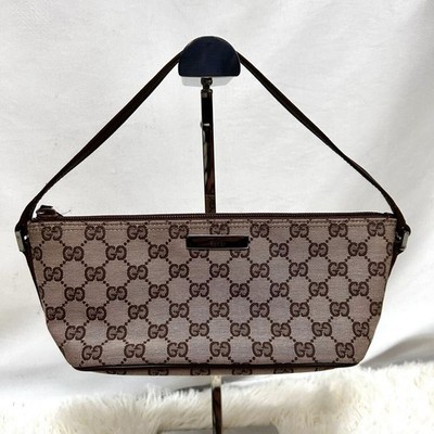 Gucci GG Canvas Mini Bag Brown Leather Accessory Pouch Handbag Logo Plate Japan