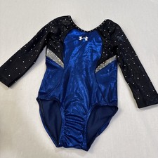 UA Competition Gymnastic Leotard 3/4 Sleeve Crystals Black Blue Silver CHILD M