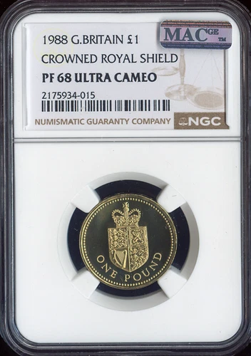 1988 GREAT BRITAIN 1 POUND CROWNED SHIELD NGC PF68 ULTRA CAMEO MAC SPOTLESS .