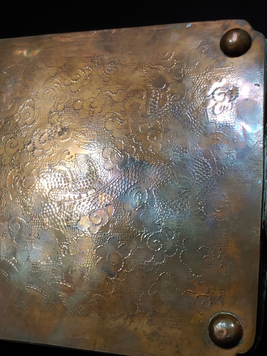 清代錾刻海水龙纹红铜文盘Antique Chinese Qing Copper Carved Sea