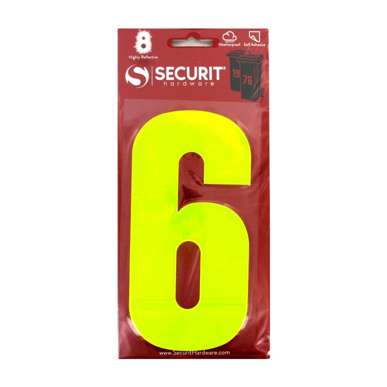 2x Securit Hi-Vis Wheelie Bin Numbers Yellow Self-Adhesive House 160mm - No 6