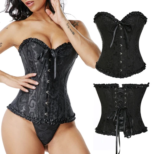 Damen Überbrust Korsett Bustier Burleske Baskisch Top Spitze Kostüm Übergröße - Bild 3 von 29