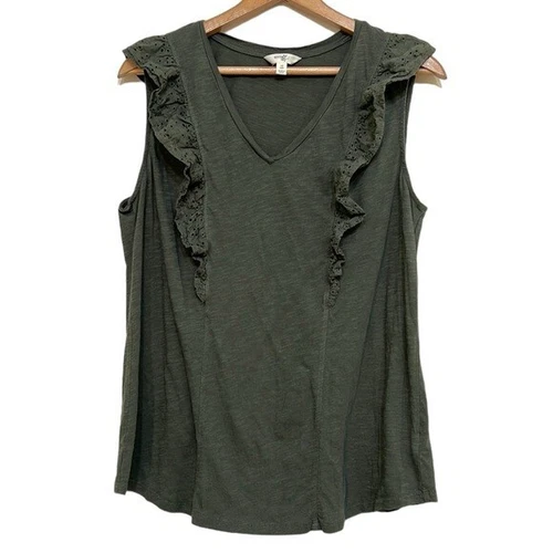 V-Neck Tank Top Woman’s Size 0X 14W Green Ruffled Eyelet Pullover Terra & Sky