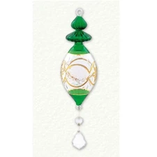 Green and Gold Etched Marquis Crystal Hanger Egyptian Glass Christmas Ornament