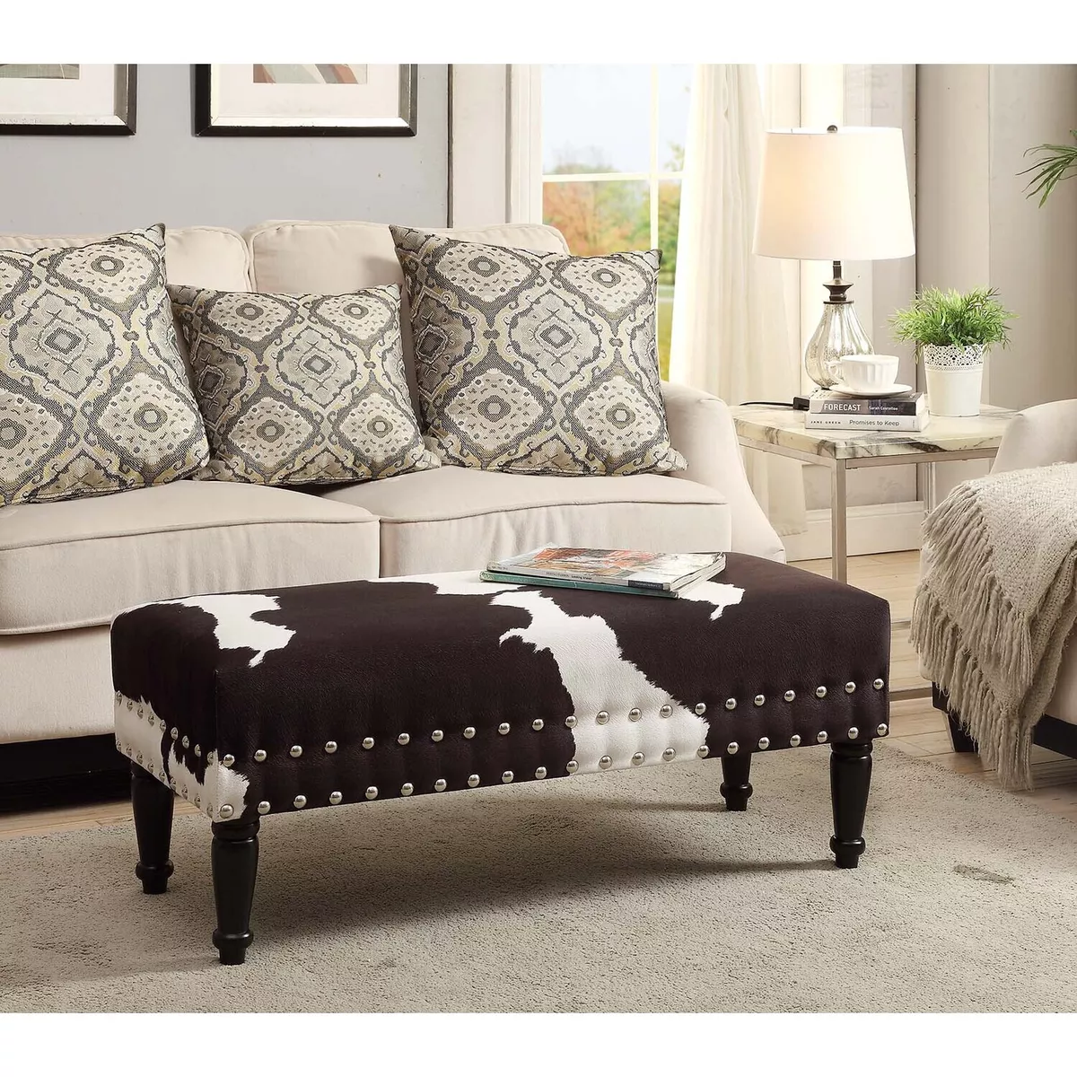 Rustic Cowhide Print Bench Dark Brown White Ottoman Western Lodge