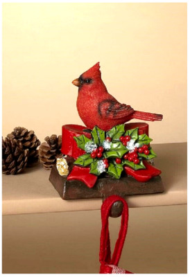 GERSON 5.5'' RESIN HOLIDAY CARDINAL w/HOLLY BERRIES STOCKING HOLDER HANGER