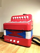 Vintage Schylling Childs Red Toy Button Accordian Works