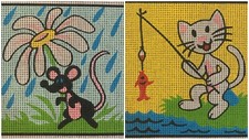 Pair Vtg MARGOT de PARIS needlepoint canvas Children  s Flower Cat Mouse 8  x8  