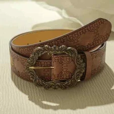 WOMEN WESTERN EMBOSSED BROWN LEATHER BELT FLORAL size Medium belt length 41 in