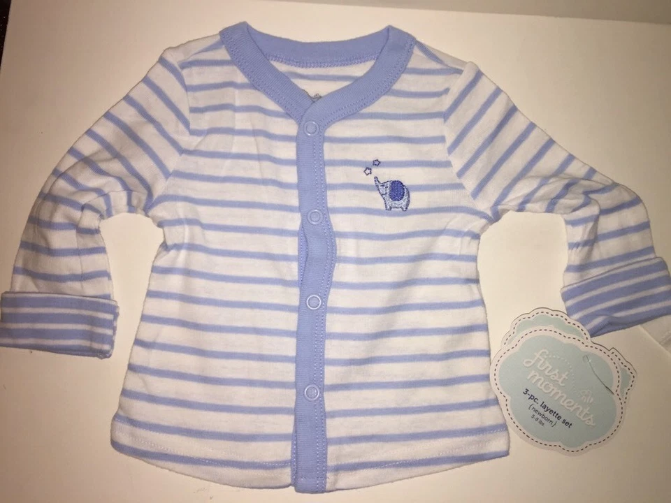 ПЕРВЫЕ МОМЕНТЫ новорожденных мальчиков 3-pc.Set синий/белый слон комбинезон, топ и брюки новый с Ярлыками - Изображение 3 из 4