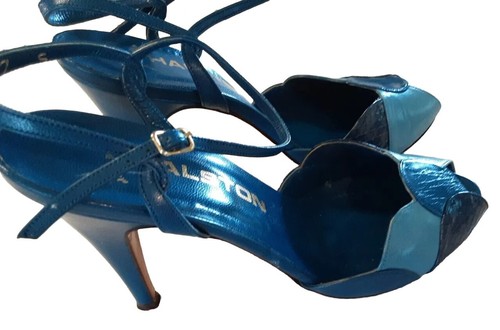 HALSTON VTG 70s Made Italy Shades Of Blue Leather Peeptoe Strappy Heels Sz 7 Wow - Picture 2 of 16
