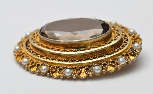 Stamped 925 ISRAEL Goldtone Faux Pearls Lilac Rhinestones Oval Pin Brooch 12.52g - Picture 4 of 4