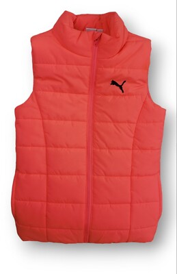 Puma Kids Girls Full Zip Puffer Vest Sleeveless Jacket Neon Orange Pink M 10-12