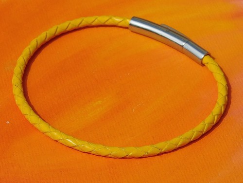 Mens / ladies 3mm Yellow leather & stainless steel bracelet by Lyme Bay Art - Picture 2 of 3