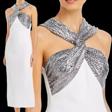 David Koma Women's Twisted Sequin Knot Midi Dress White Silver $2037 NWT Size 12