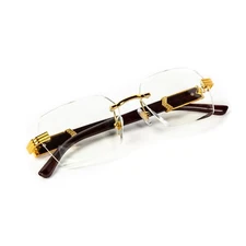 Men's Clear Lens Rimless Woodgrain Gold Frame Hip Hop Luxury Vintage Glasses