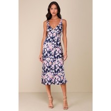 Lulus Floral Maxi Dress Women Small Navy Blue EUC Tie Back V-Neck Romantic Boho