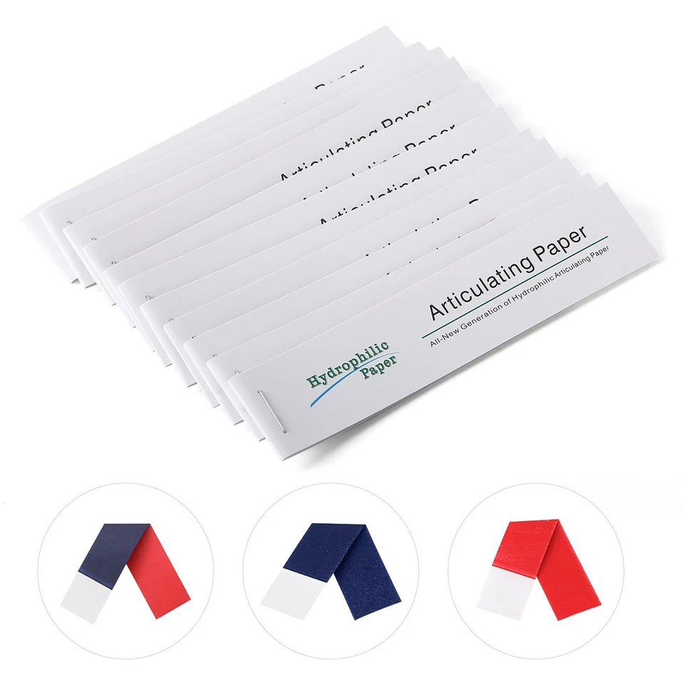 144 hojas/caja papel articulado dental tiras hidrofóbicas de doble cara azul/rojo Foto 4 de 4