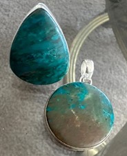 Chrysocolla Silver SET Pendant Teardrop Ring Fits 7-7.25 Gift Kitty approved