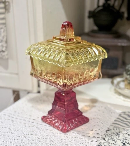 Vintage Jeanette Glass Amberina Wedding Box Pedestal Candy Dish, 9x4”