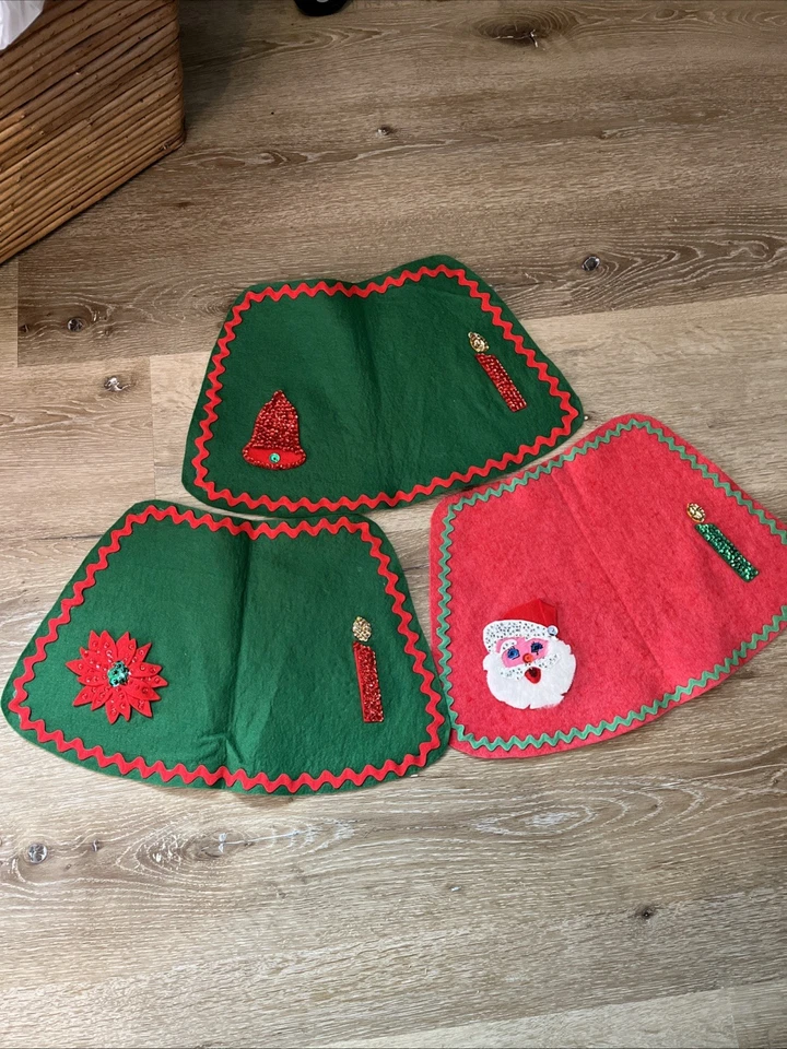 Vintage drei (3) einzigartige Filz Weihnachten Tischsets mit Ric Rac und Verzierung