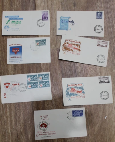 1955-57 AUSTRALIAN FDC COVERS X 7 - NURSING, YMCA, COBB CO, QEII, FLYING DOCTOR