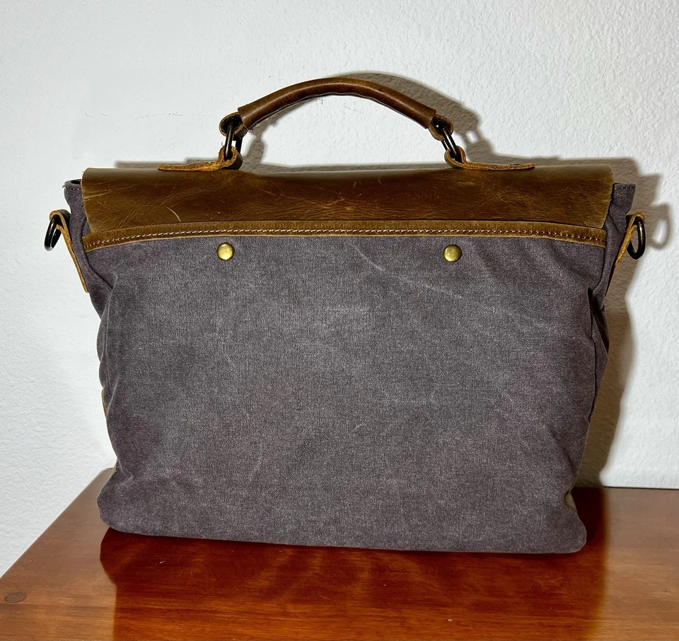 14 inch Leather and Canvas Messenger Bag Briefcase  - Image 4 of 4