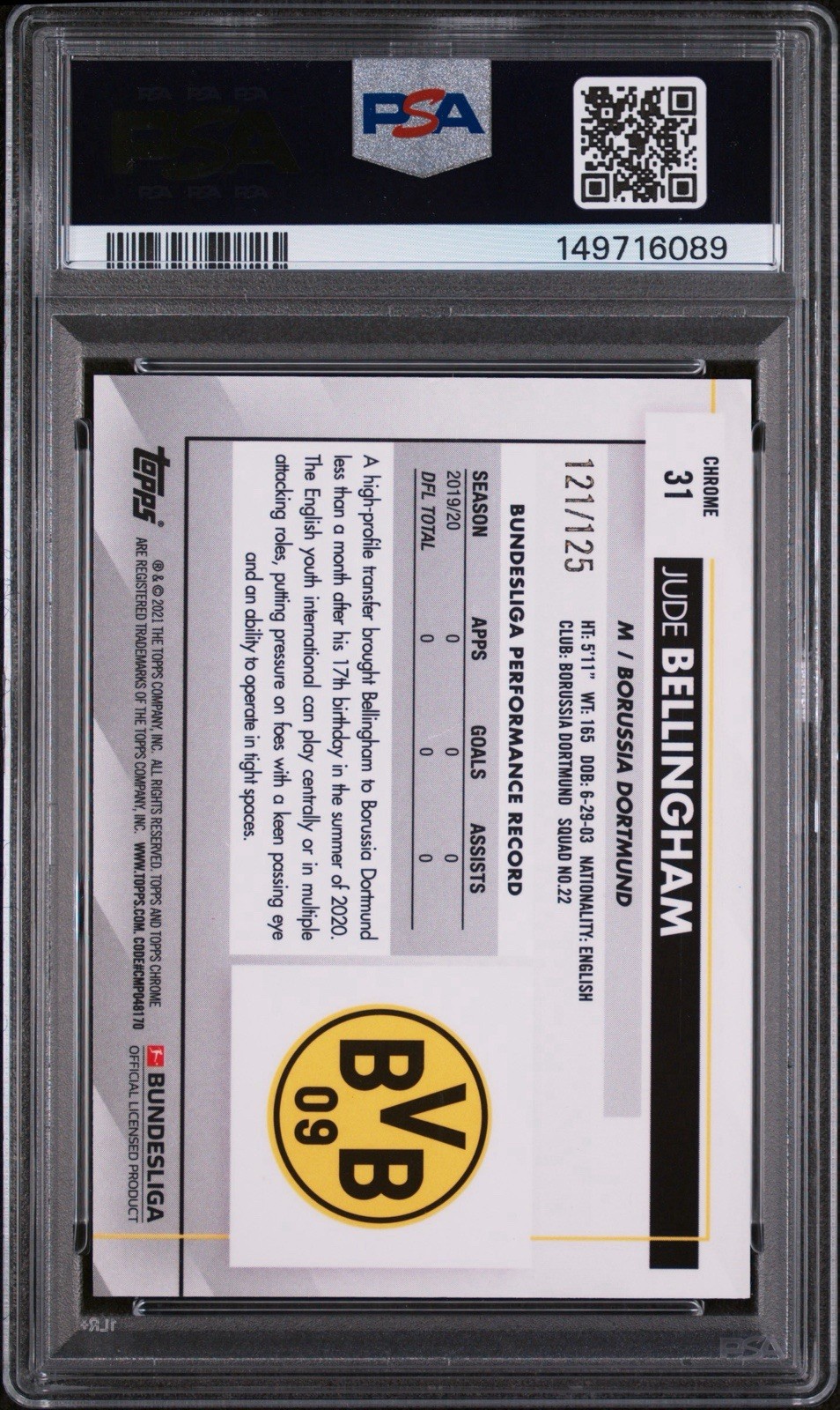 2020-21 Topps Chrome Bundesliga Sapphire - Jude Bellingham Orange PSA 8 Rookie view 2