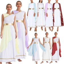 Womens Ancient Greek Cosplay Dress Cape Flared Metallic Shiny Trim Toga Costume