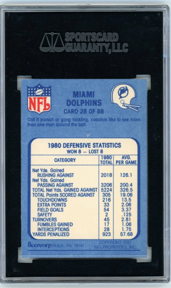 1981 Fleer Team Action Football #28 Miami Dolphins PURSUIT - SGC 10 GEM MINT - Image 2 of 2