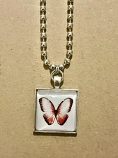 Glass Butterfly Square Tile Necklace On A 18 Inch Stainless Steel 4mm Ball Chain