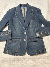 VTG HIGH SIERRA DENIM Stretch Blazer Jacket Size M Back Slit 2 Metal Button
