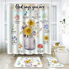 Sunflower Shower Curtains with Mats,4Pcs Bible Verse Bath Decor God Says You A