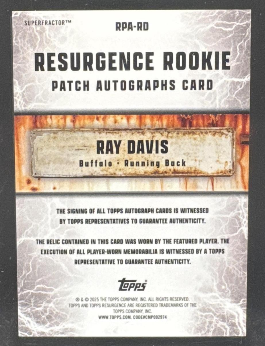 2024 TOPPS RESURGENCE ROOKIE PATCH AUTO SUPERFRACTOR #RPA-RD RAY DAVIS 1/1 RC view 2