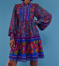 FARM Rio blue macaw flight long sleeve mini dress - medium