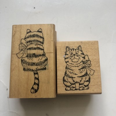 WOOD Rubber Stamp Art Impressions L-1520 Front Back Cat Cross Eyed Grin Bow Love