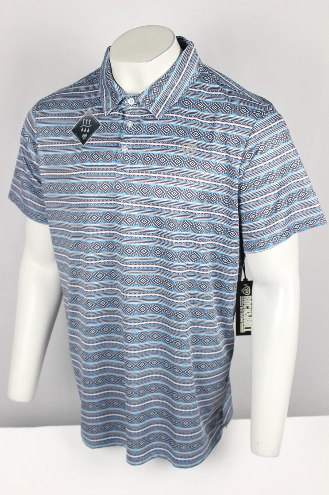 Rock & Roll Denim Men's Aztec Printed Polo Short Sleeve Shirt Blue Performance