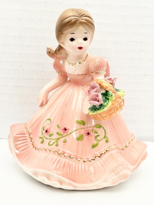 Josef Originals Girl In Pink Dress W/ Basket Of Roses Small Chip