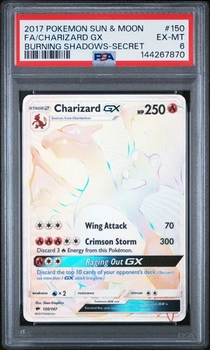 2017 POKEMON SUN & MOON BURNING SHADOWS SECRET #150 FULL ART/CHARIZARD GX PSA 6