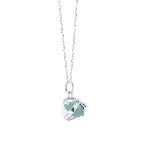 Tiffany & Co. Sterling Silver Blue Enamel Gift Box Pendant Necklace