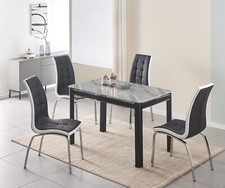 Image of Dining Table Set Grey Marble Effect Glass Top Metal Frame 4 Faux Leather Chairs