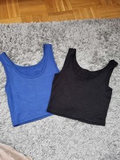 Damen Crop Top2x Set Schwarz + Royalblau Breite Träger Dünnes Material S 36